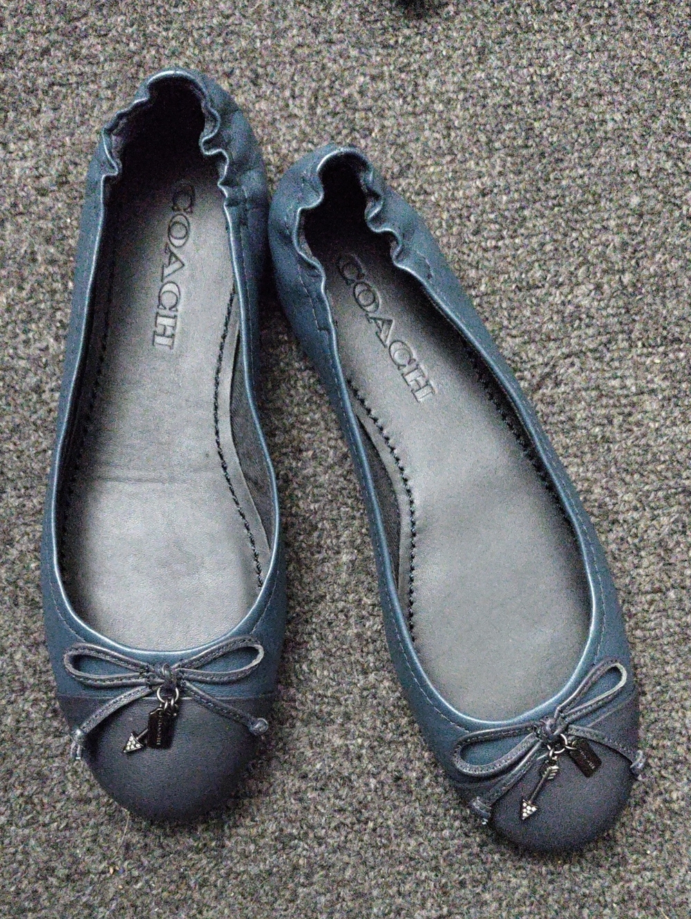 Coach Navy Leather Ballet Flats with Bow & Charm